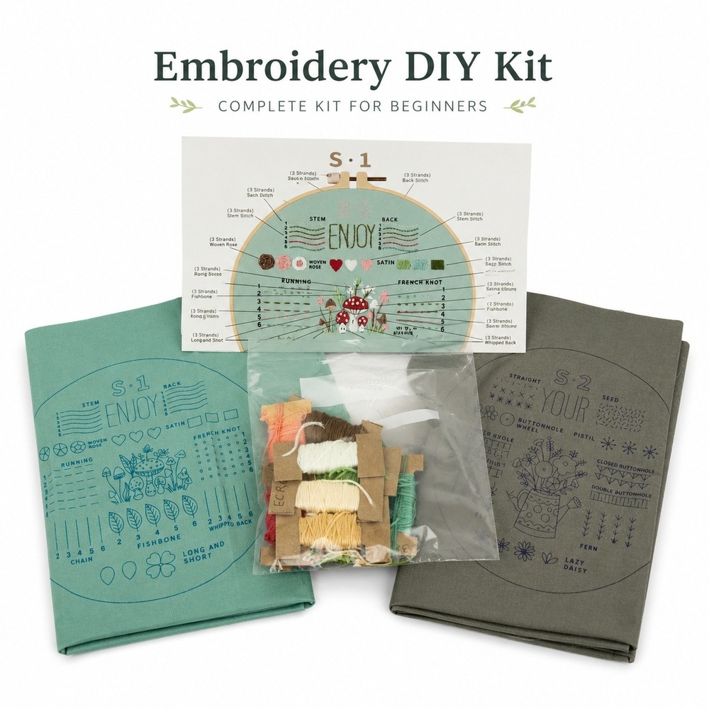Embroidery DIY Art Kit Set 2 Pack Sampler Stitches Mushrooms Floral Cx0878